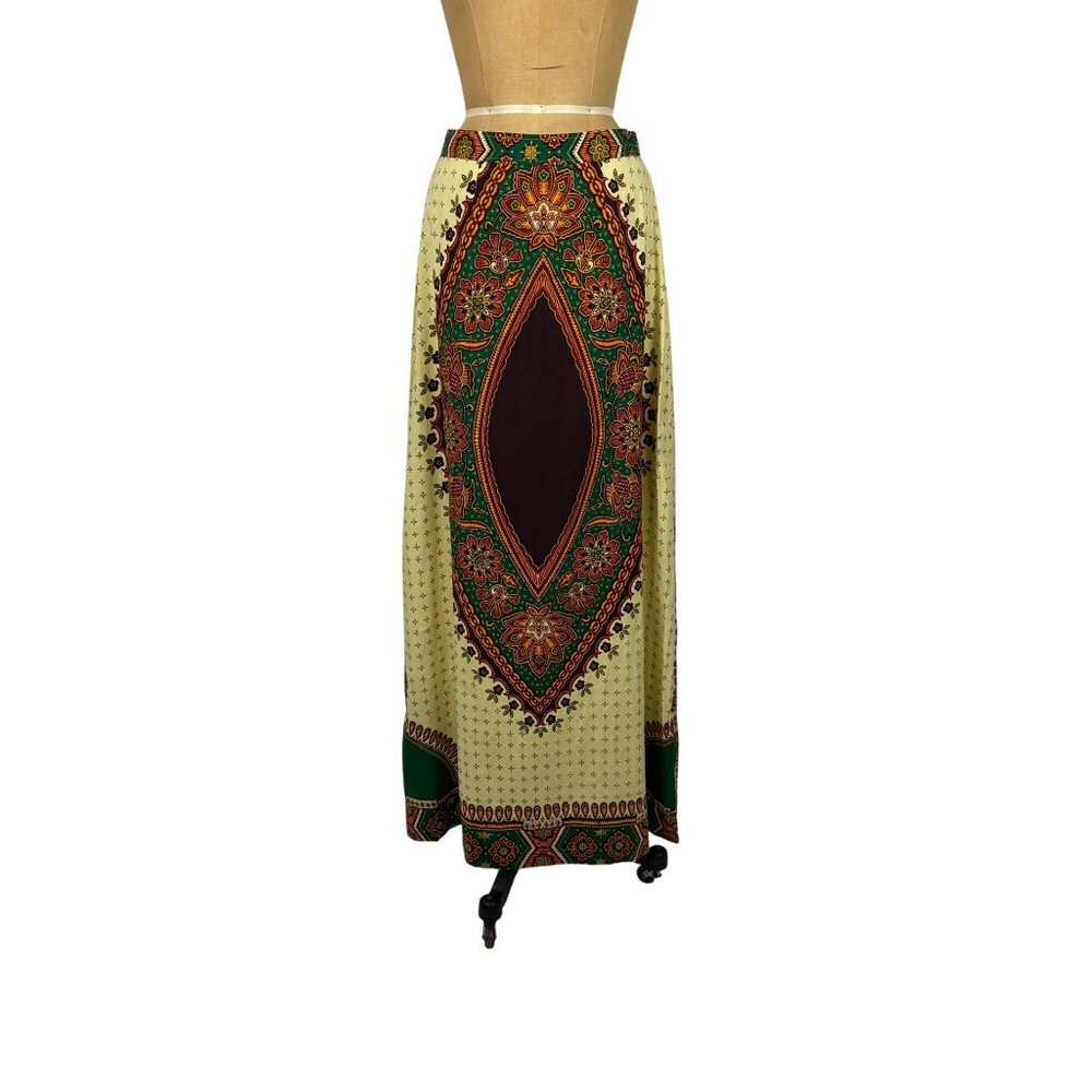 Vintage 70s Ethnic Skirt Womens M Medallion Cotton Print Maxi Hippie Boho Flamen - Picture 9 of 10